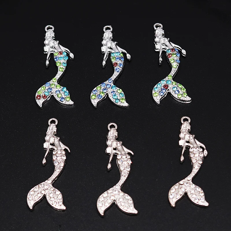 6pcs Handmade Rhinestones Ocean Style Beach Romantic Mermaid Princess Pendants DIY Charms For Jewelry Crafts Making 37*15mm A658