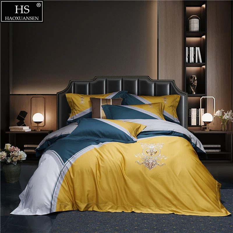 Yellow Blue Grey Delicate Rococo Pattern 4Pieces Bedding Sets Digital Printing BedSheets Pillowcase Duvet Cover Queen King Size