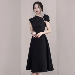JSXDHK Brand Ladies Vintage Party Midi Party Dress High Quality Designer New Summer Bow Beaded Sleeveless Ball Gown Black Dress