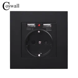 COSWALL Wall Socket Grounded Children Protective Door, EU Russia Spain Outlet With 2.1A Dual USB Charging Black White PC Panel