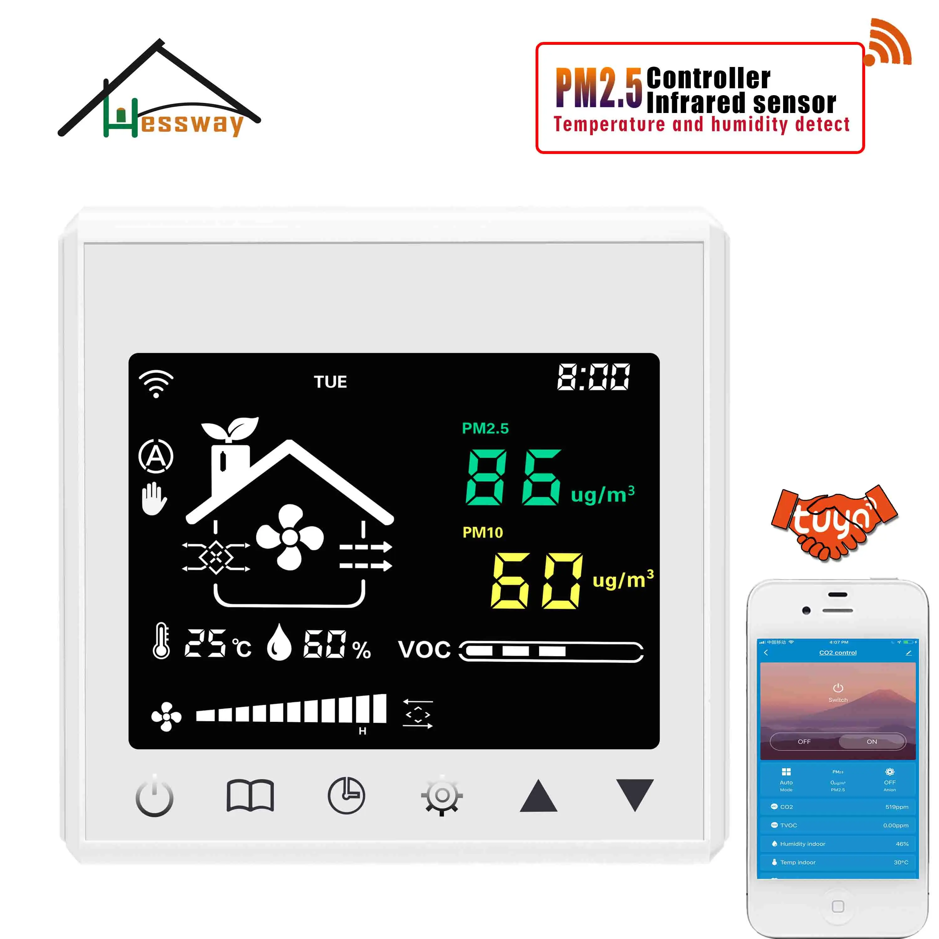 HESSWAY WIFI RS485 Temperature Humidity Monitor and Control PM10 PM2.5 for Sensor Air Ventilation System 3 Speed