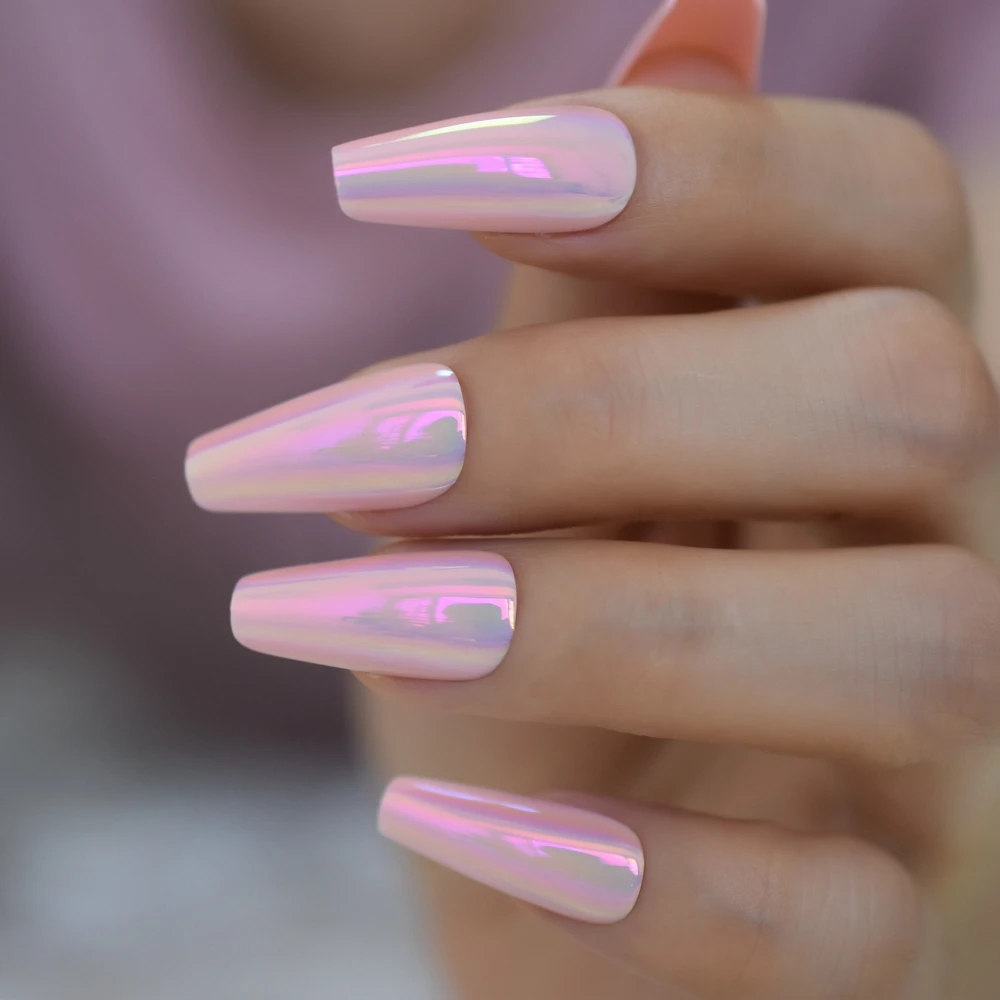 Shiny Holographic Pink Almond Press on False Nails Long Reflective Mirror Ballerina Coffin Fake Fingersnails Extention Tool