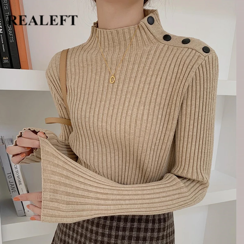 

REALEFT 2021 New Autumn Winter Vintage Sweaters Female Elegant Mock Neck Long Sleeve Solid Color Women's Knitting Tops Pullovers