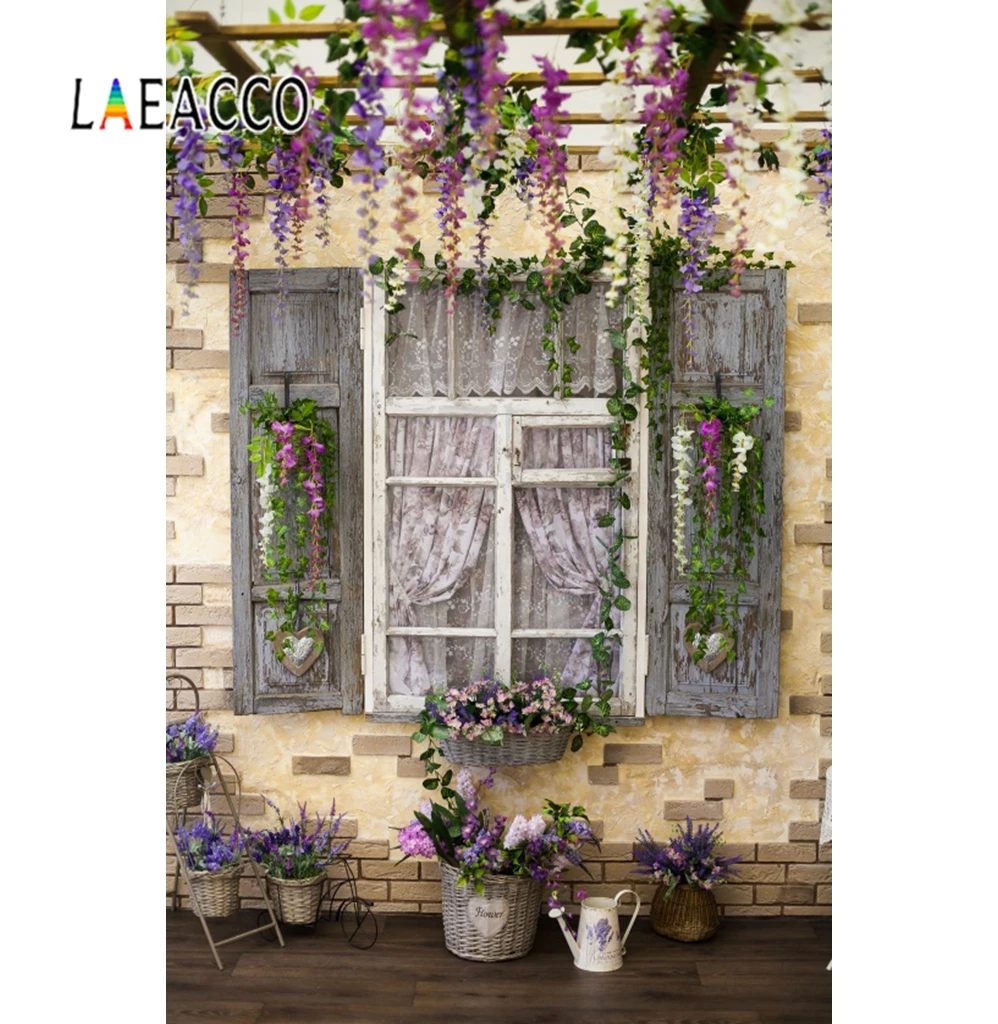 Laeacco Photo Backdrops Rural House Window Tassel Porch Basket Flowers Scenic Photographic Background Photocall Photo Studio