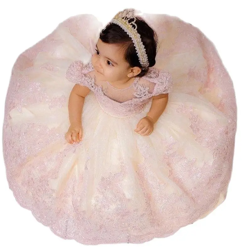 Cute Pink Lace flower girl dress baby toddler tulle birthday gown abbigliamento per bambini per matrimonio e festa manica corta