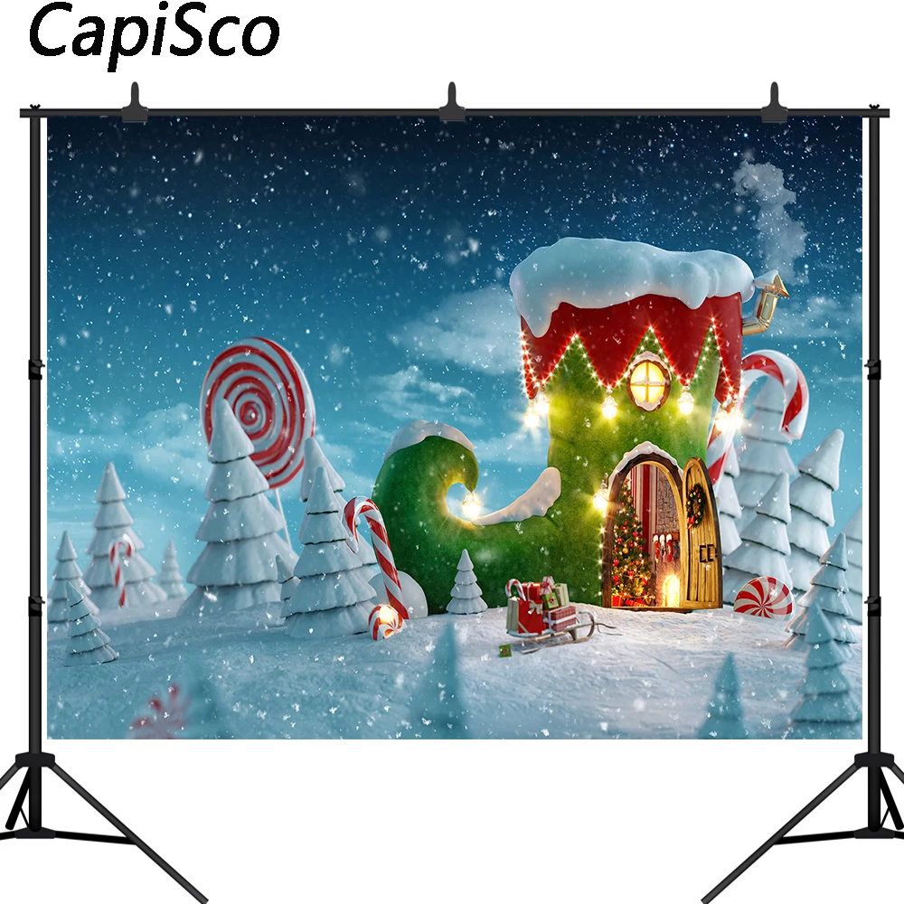 Capisco Winter Snow Backdrops for Photography Santa Claus Boots Candy House Photo Background Christmas Decor Snowflakes Backdrop