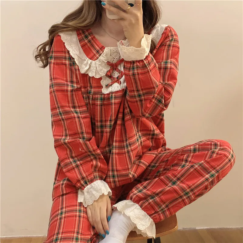 Women's Lovely Plaid Pajamas Set Autumn Women's Pajamas Set Lace Bow Bow Tie Patty Flat Bottom Collar Family Wear Lolita Princes