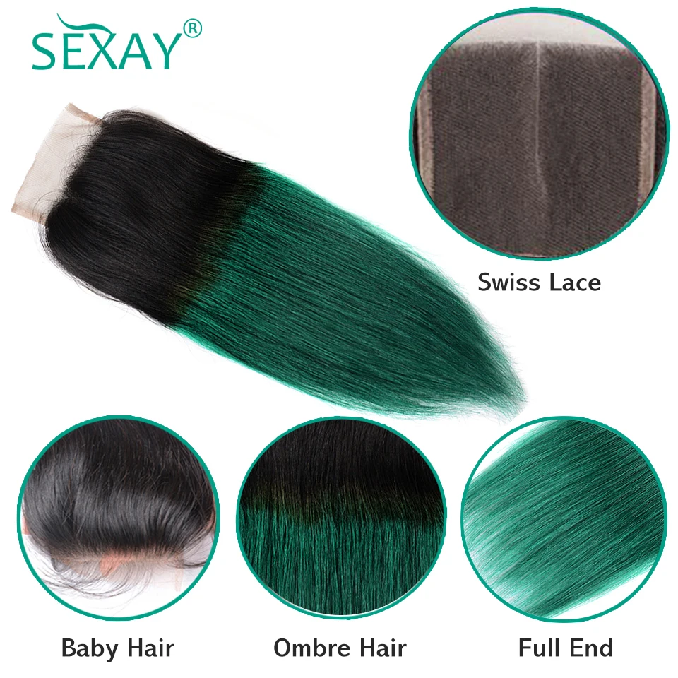 Sexay Turquoise Straight ปิด Ombre สีเขียวบราซิลทอผม4X4 Lace Closure ส่วน