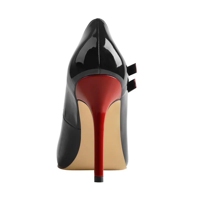 Onlymaker Women Pointed Toe Black and Red Mary Jane Thin Heels Pumps  Patent Leather Big Size Classic Fashion Shoes