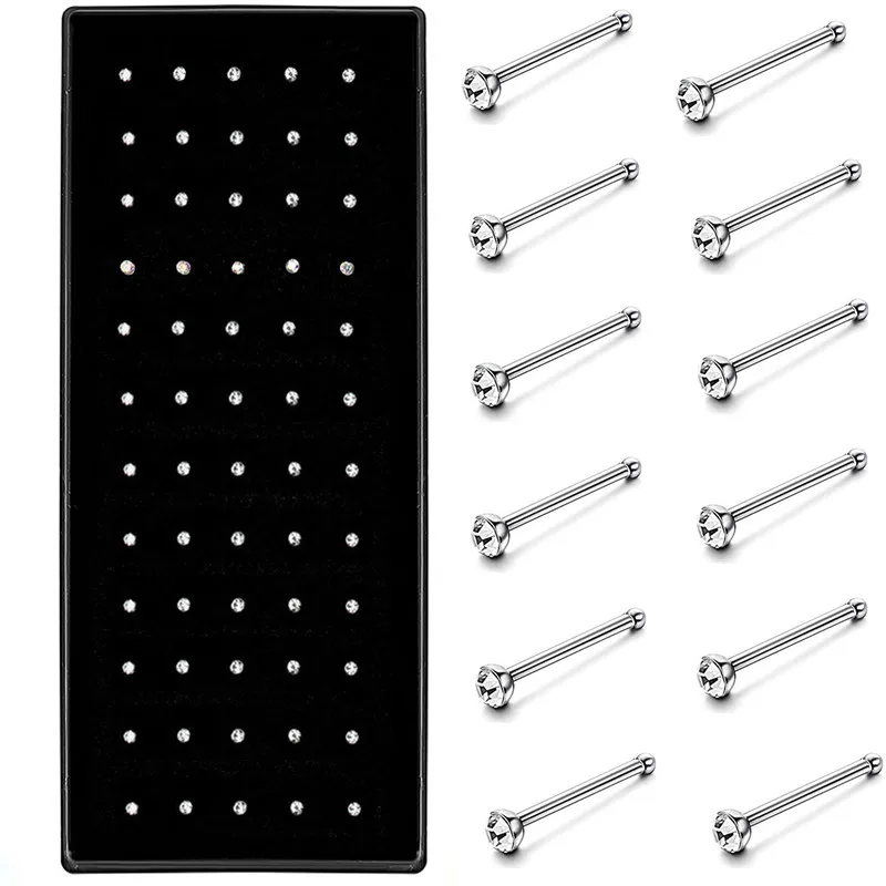 40/60 Piece/Set Stainless Steel L Shape Nose Stud Pack 20G Crystal Straight Stud Nose Ring Set Nose Stud Lot Piercing Nariz Pin