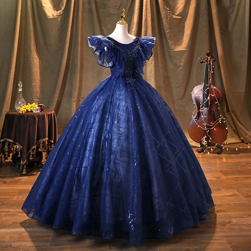 AnXin SH vintage azul marino flor encaje o cuello rebordear cristal princesa volantes manga corta vestido de baile vestido de noche personalizado