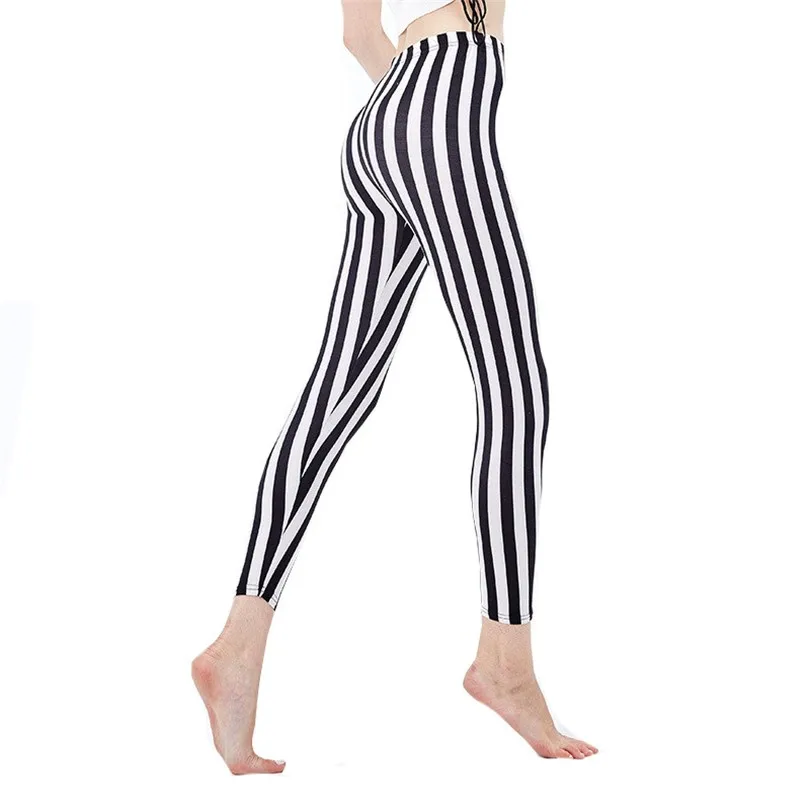 LJCUIYAO Casual Leggings Pants Fashion Leggings Casual High Elastic Print Sporting Workout Athletic Black White Stripes Trousers