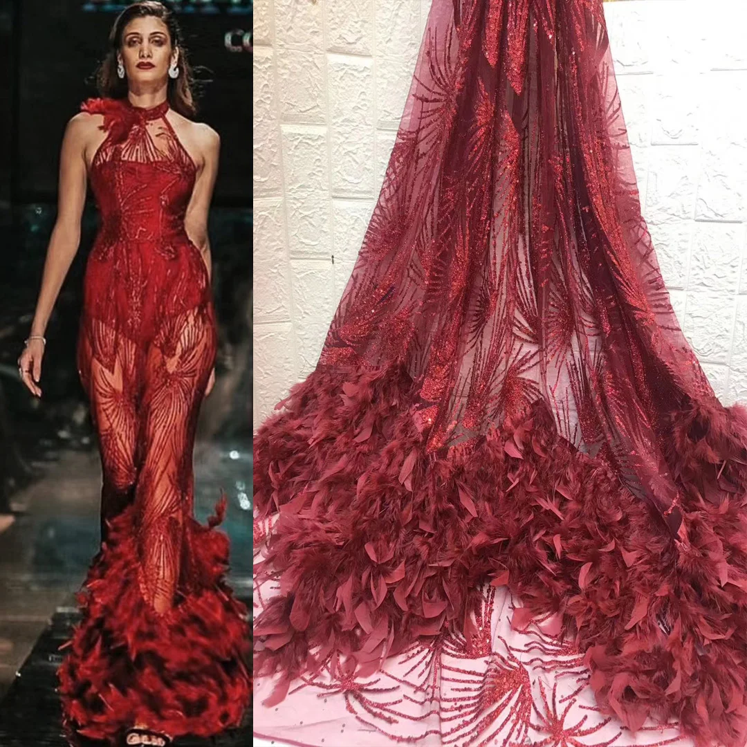 

(5yards/pc) Bling bling glittering and sequins French net lace with feathers wine red tulle lace African wedding lace FXZ027