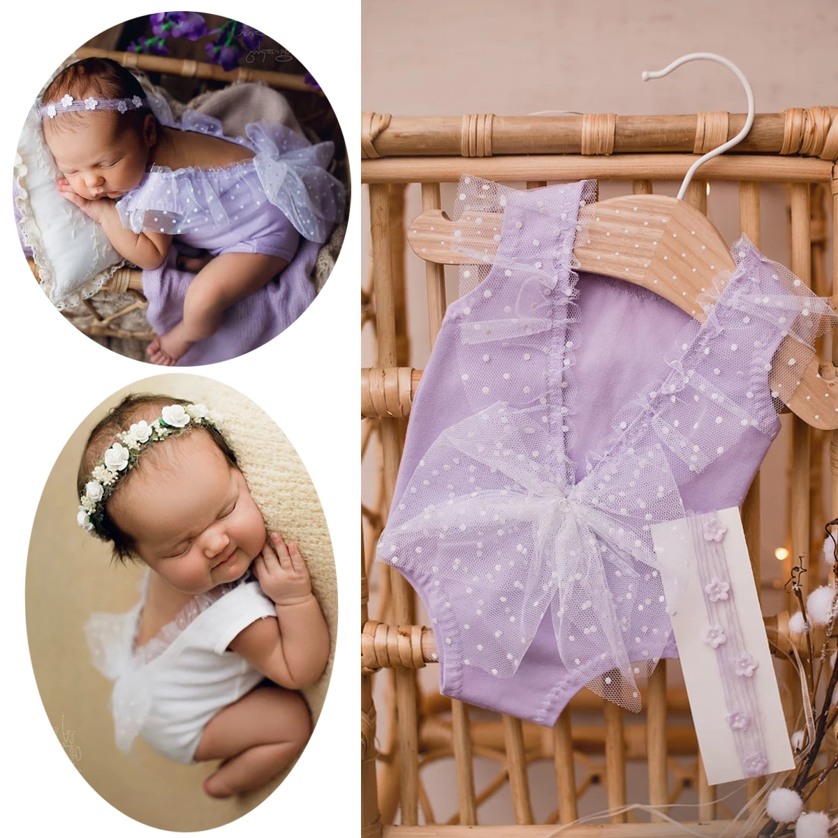 Newborn Photography Dots Lace Outfit Girl Shoot Props Baby First Picture Gifts Headband Accessory Set