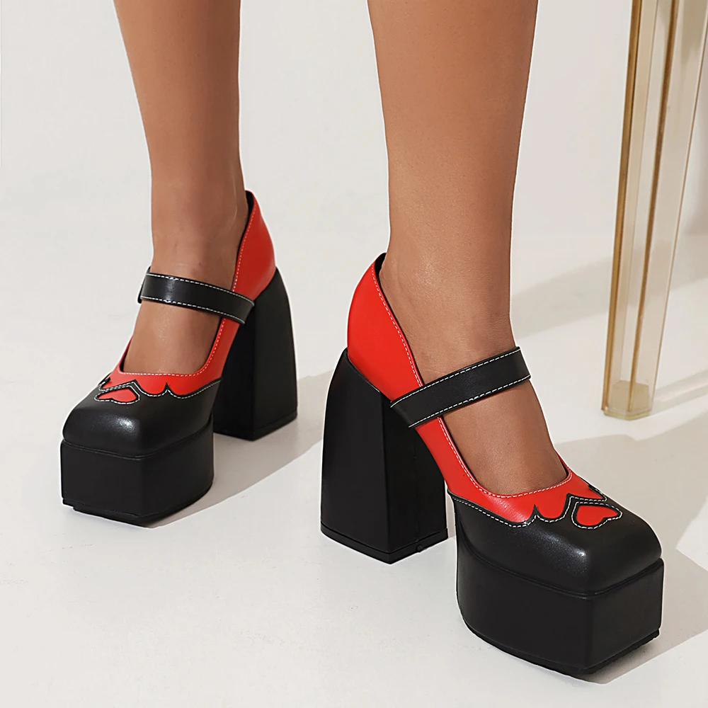 Stitched Love Pattern Super High-Heel Platform Women's Shoes With Square Toe Buckle Color-Block Platform Heel Pumps