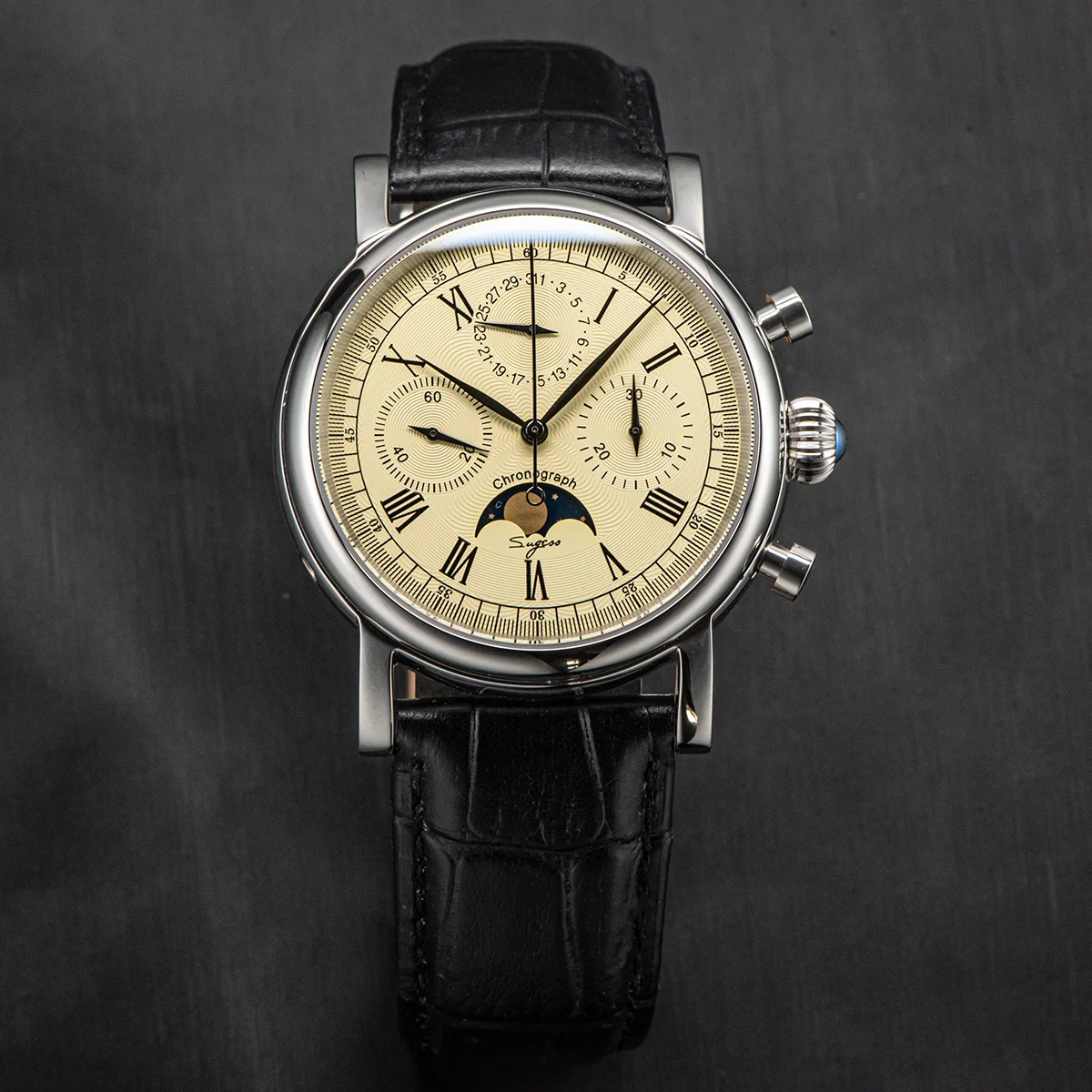 Sugess Pilot Chronograph Mechanical Watches Men Waterproof Original ST1908 Movement Moon Phase Calendar Wristwatch Swanneck 2022