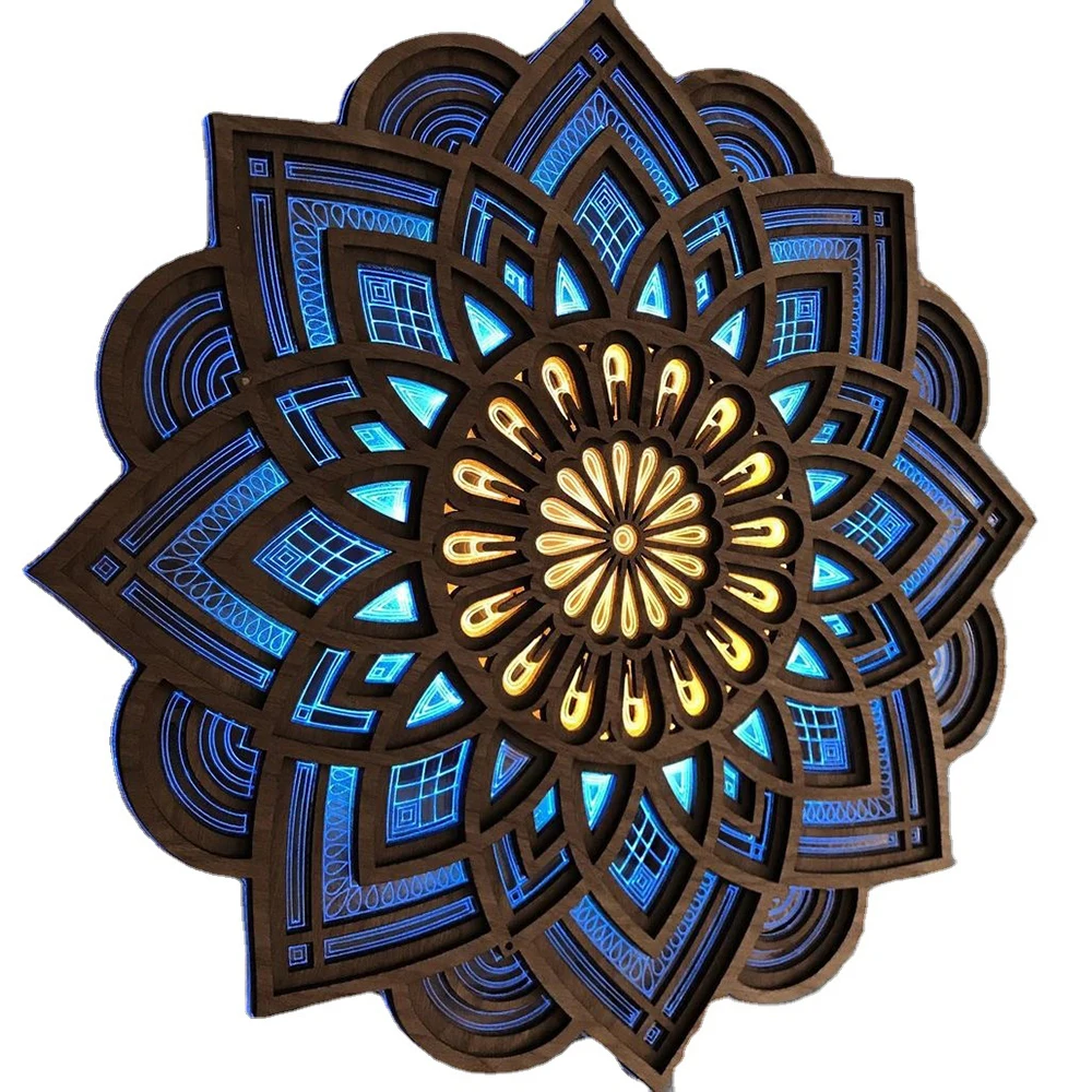 Mandala Flower Room Night Light LED Multilayer Laser Cutting Engraving Light LED Elegant Wooden Mandala Hanging Light Room Decor