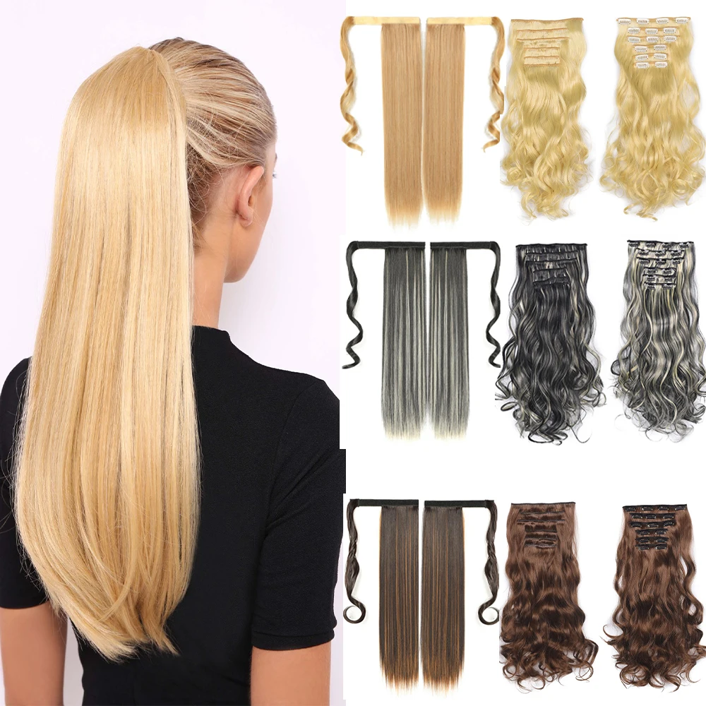 

Hair Piece Long Straight Wrap Around Clip In Ponytail Hair Extensions Heat Resistant Synthetic Ponytail False Hair for Women