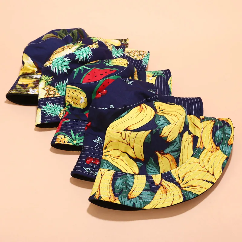 Panama Bucket Hats Women Men Reversible Fruit Banana Watermelon Cherry Print Fisherman Hat Casual Harajuku Hip Hop Bucket Cap