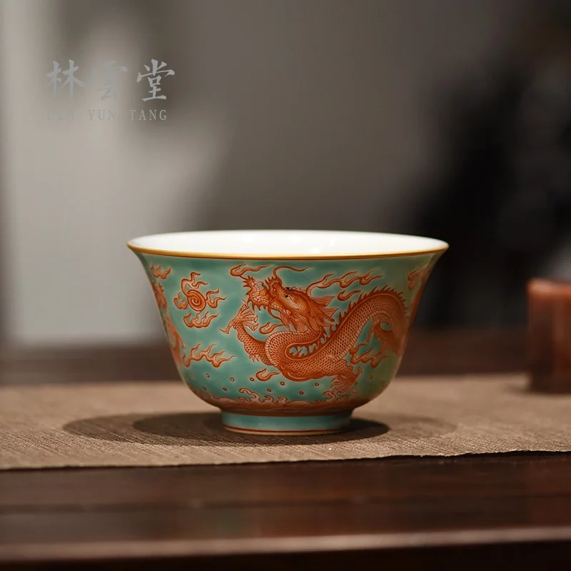 Lin Yuntang hand-painted green vitriol red royal dragon blessing master cup manually jingdezhen ceramic praised tea cups