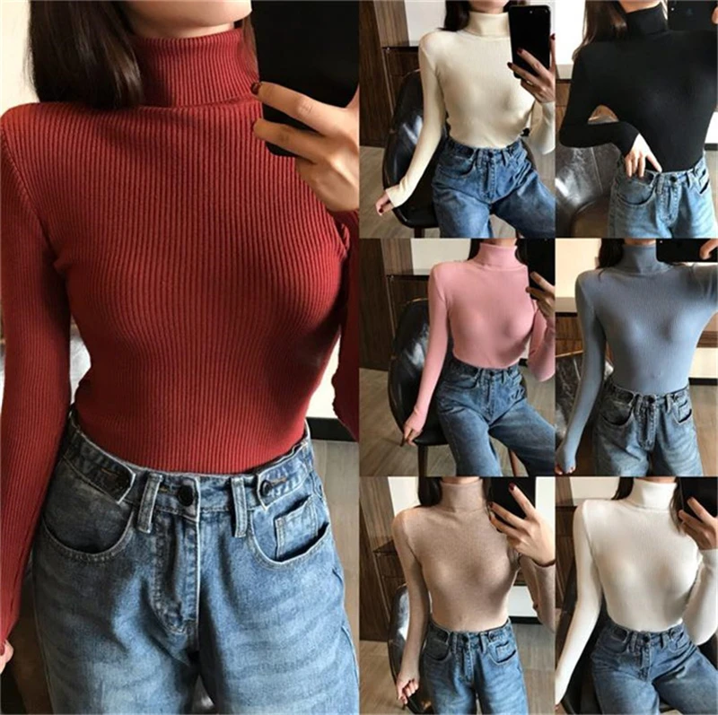 Autumn Women Sweater Long Sleeve Knitted Turtleneck Pullovers Winter Elasticity Multicolor Solid Slim Tops Bottomed Sweater