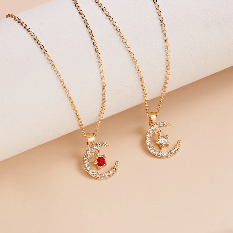 Women Birthstone Pendant Necklace Moon Star Shaped Fashion Birthday Jewelry Gifts Colorful Rhinestone Clavicle Chain Choker