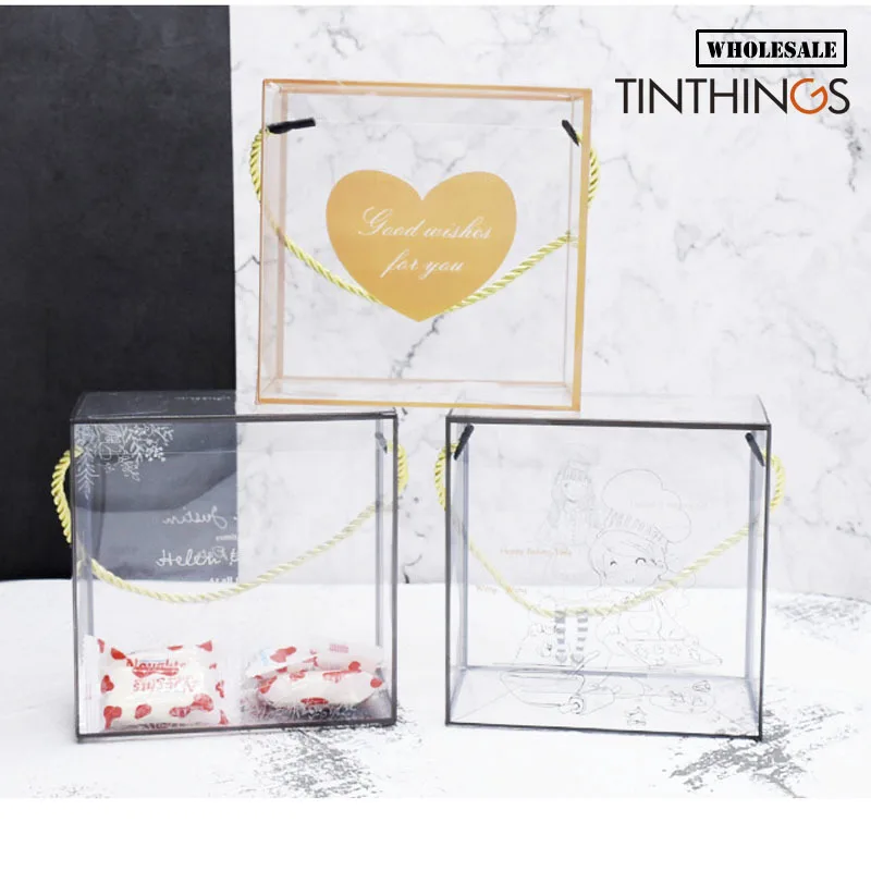 Wholesale 400PCS 14x14x7.5cm Clear Pvc Candy Chocolate Cookies Box Handle  Christmas Transparent Gift Boxes Wedding Party Favor