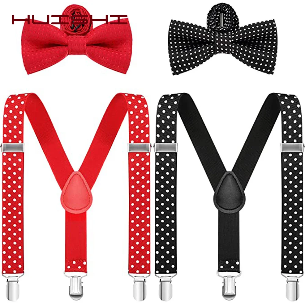 HUISHI Baby Suspenders With Bowtie Polka Dots Children Suits Suspenders 3 Clip Adjustable Shirts Kids Bow Tie For Baby Boy Girl