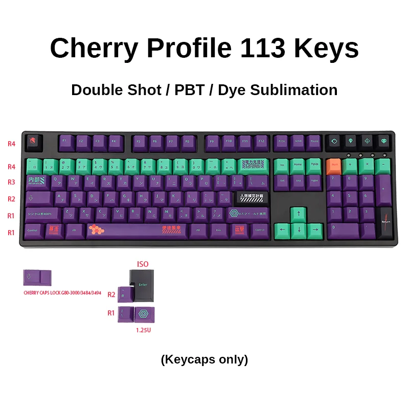 

EVA PBT Keycap Cherry Double Shot Dye Sublimation for MX Switcher GH60 GK61 87 104 108 Mechanical Keyboard Green Purple Key Caps