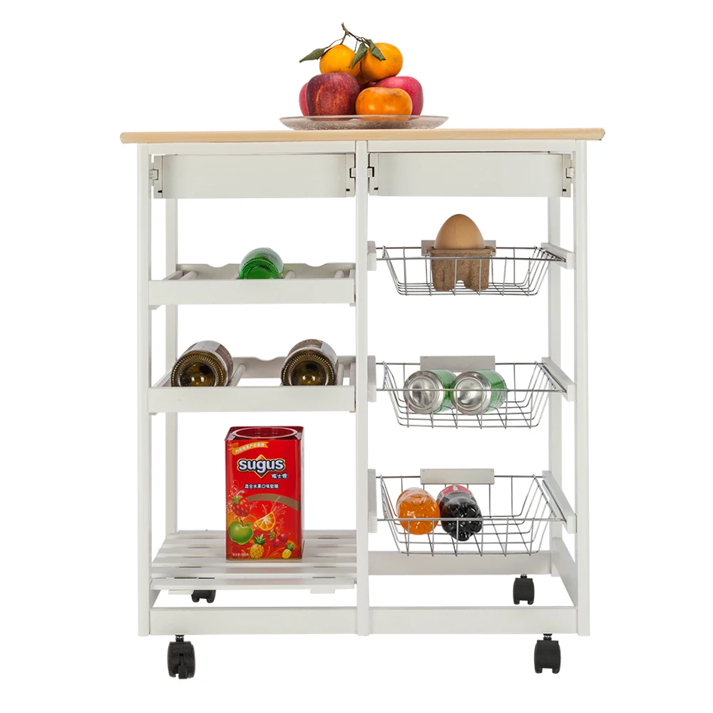 FCH Movable Kitchen Cart Dining Cart  with Two Drawers & Two Wine Racks & Three Baskets White 67 x 37.5 x 76cm