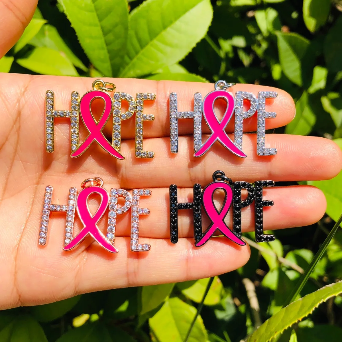 5pcs HOPE Word Charm for Women Bracelet Making Necklace Letter Pendant Pink Ribbon Breast Cancer Awareness Jewelry Accessory DIY