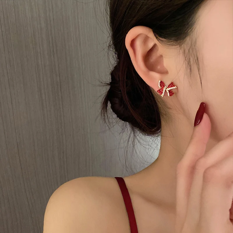 Christmas Red Zircon Crystal Bow Stud Earrings For Women Heart Shape Bowknot Christmas Earring Girl New Year Festival Jewelry