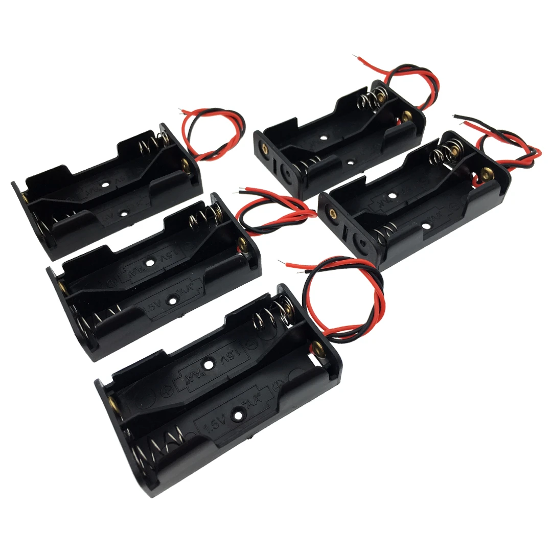 5Pcs 2 x 1.5V AA Battery Holder AA Battery Case Battery Box Black  Wire Leads