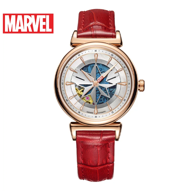 Official Original Captain Marvel Women Automatic Hollow Luminous 50M Casual  Dress Genuine Leather Female Girl Gift Clock