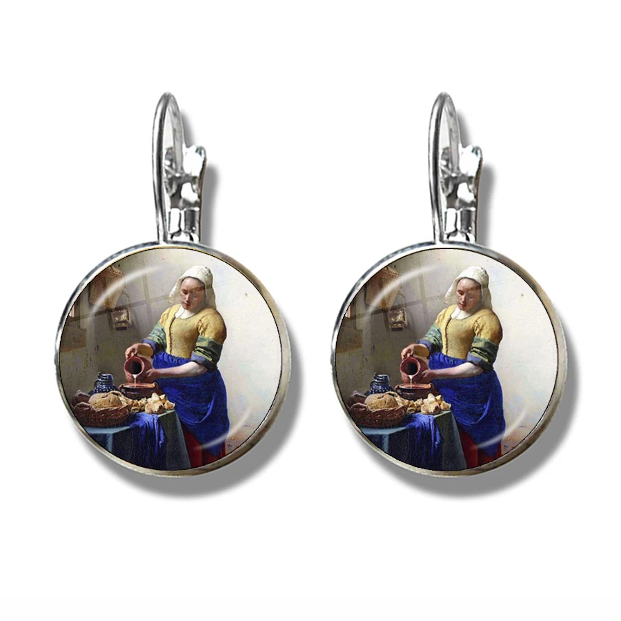 Charm Girl Wearing Pearl Johannes Vermeer Art Oil Painting Stud Earrings 16mm Glass Cabochon Jewellery For Women Girls Gift