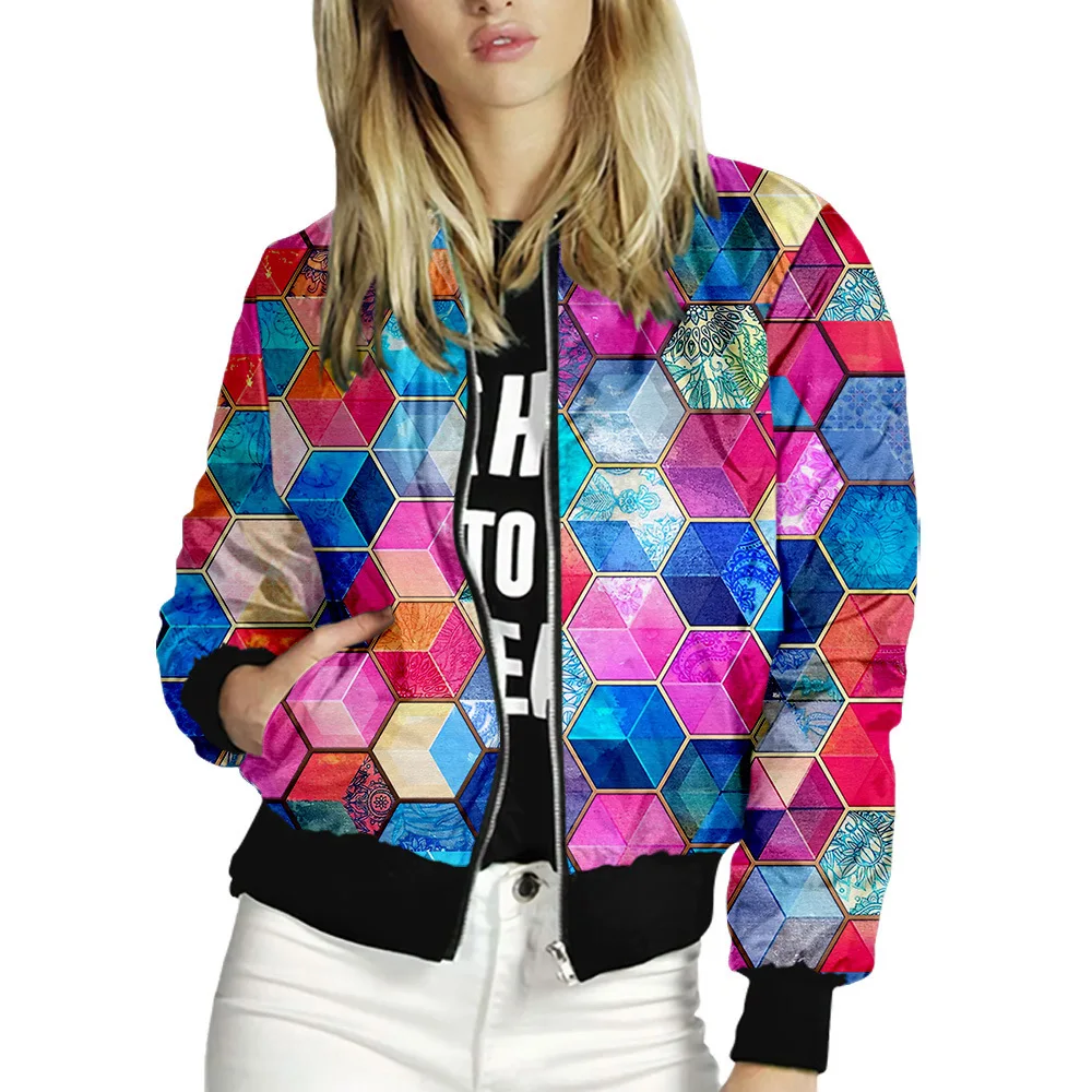 Giacche da donna 2021 colorate stampate in 3D da donna con cerniera Bomber capispalla primavera autunno manica lunga corta sottile sottile cappotti