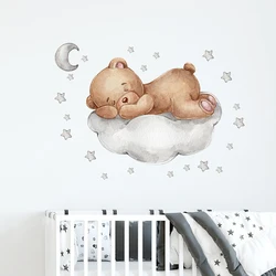Watercolor Brown Bear Sleeping on the Grey Cloud with Moon and Sars Wall Stickers Baby Nursery Wall Decals for Kids Room Decor
