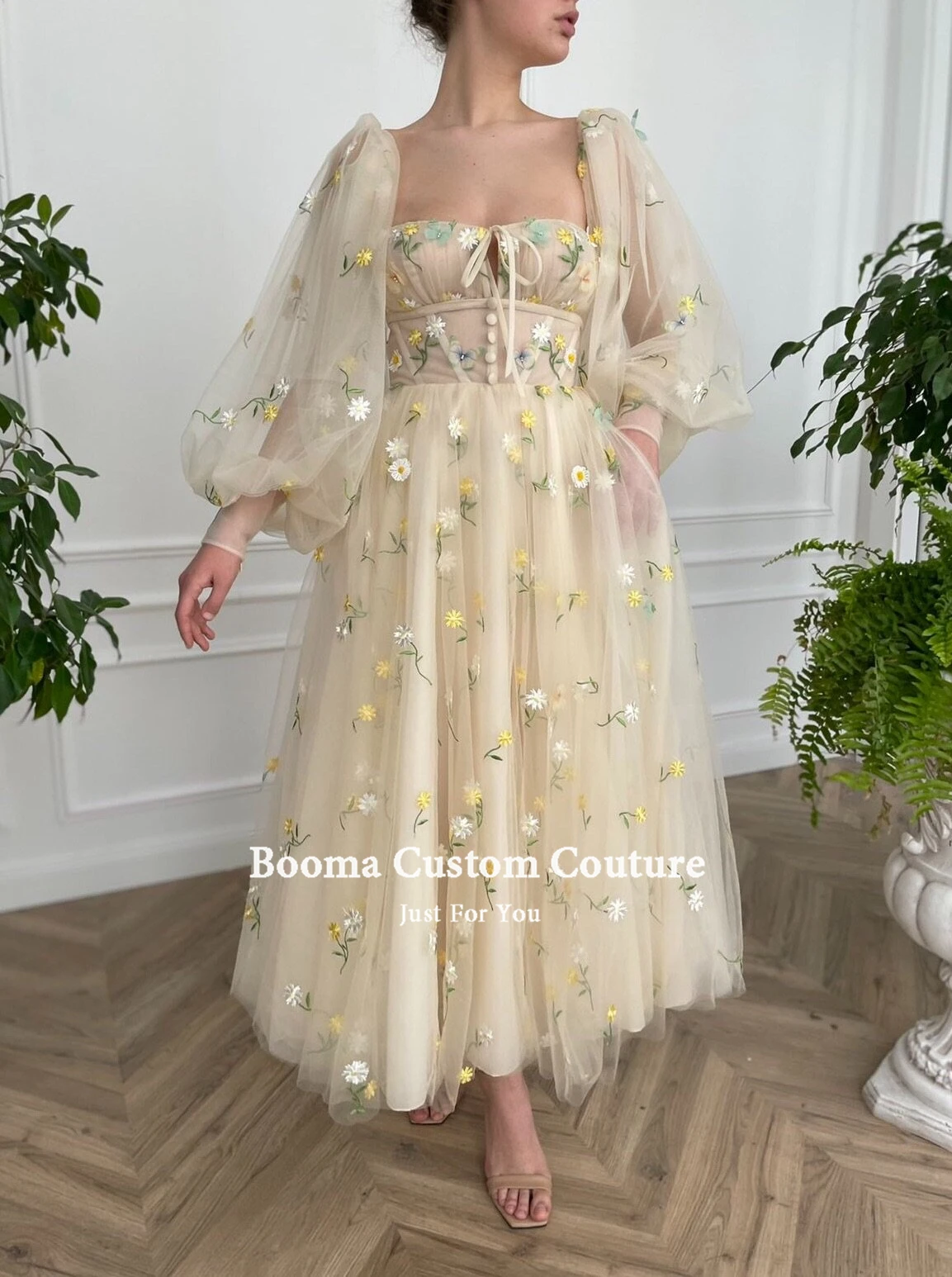 Booma Beige Square Neck Prom Dresses Long Puff Sleeves Embroidery Tulle Prom Gowns A-Line Ankle-Length Wedding Party Dresses