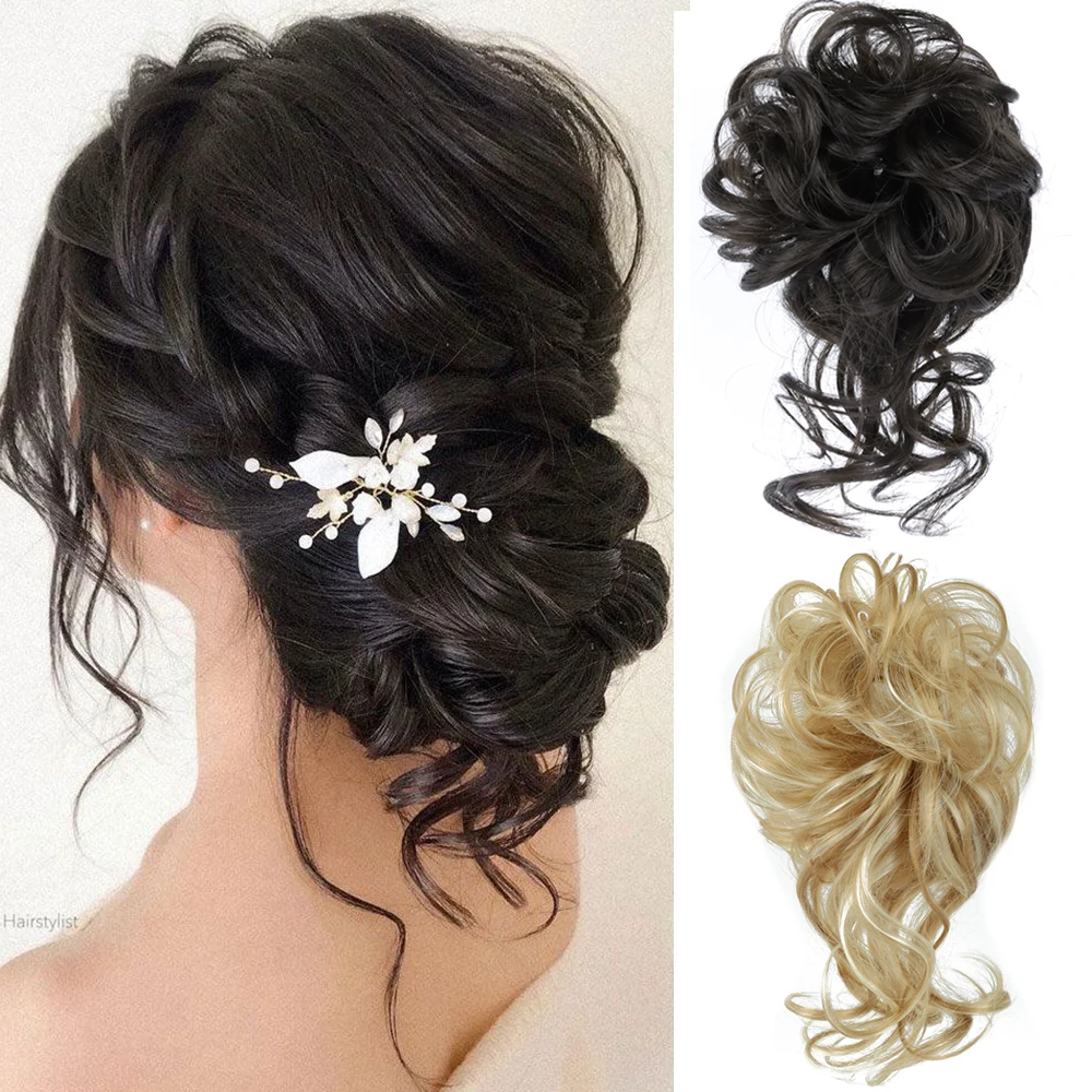 

Curly Scrunchie Messy Chignon With Rubber Band Synthetic Hair Ring Wrap Around on Hair Tail Messy Bun Ponytails Extension