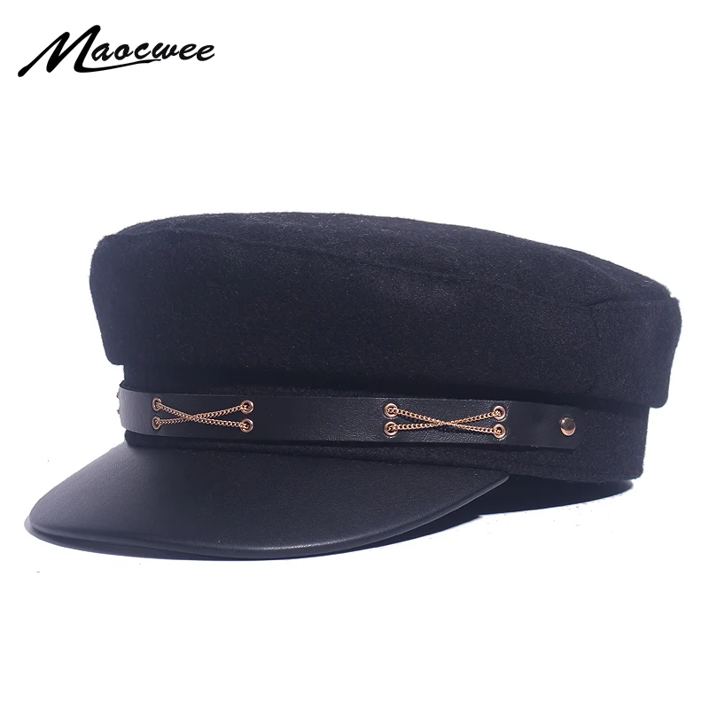 Sailor Cap Military Women Black Genuine Leather Top Army Caps Ladies Faux Leather Autumn Winter Luxury Brand Captain Hat