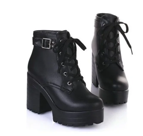 New 3 Color Winter Lace-Up Sexy Women Boots Fashion Platform high square heels Black Buckle Ankle boots Plus Size 35-43