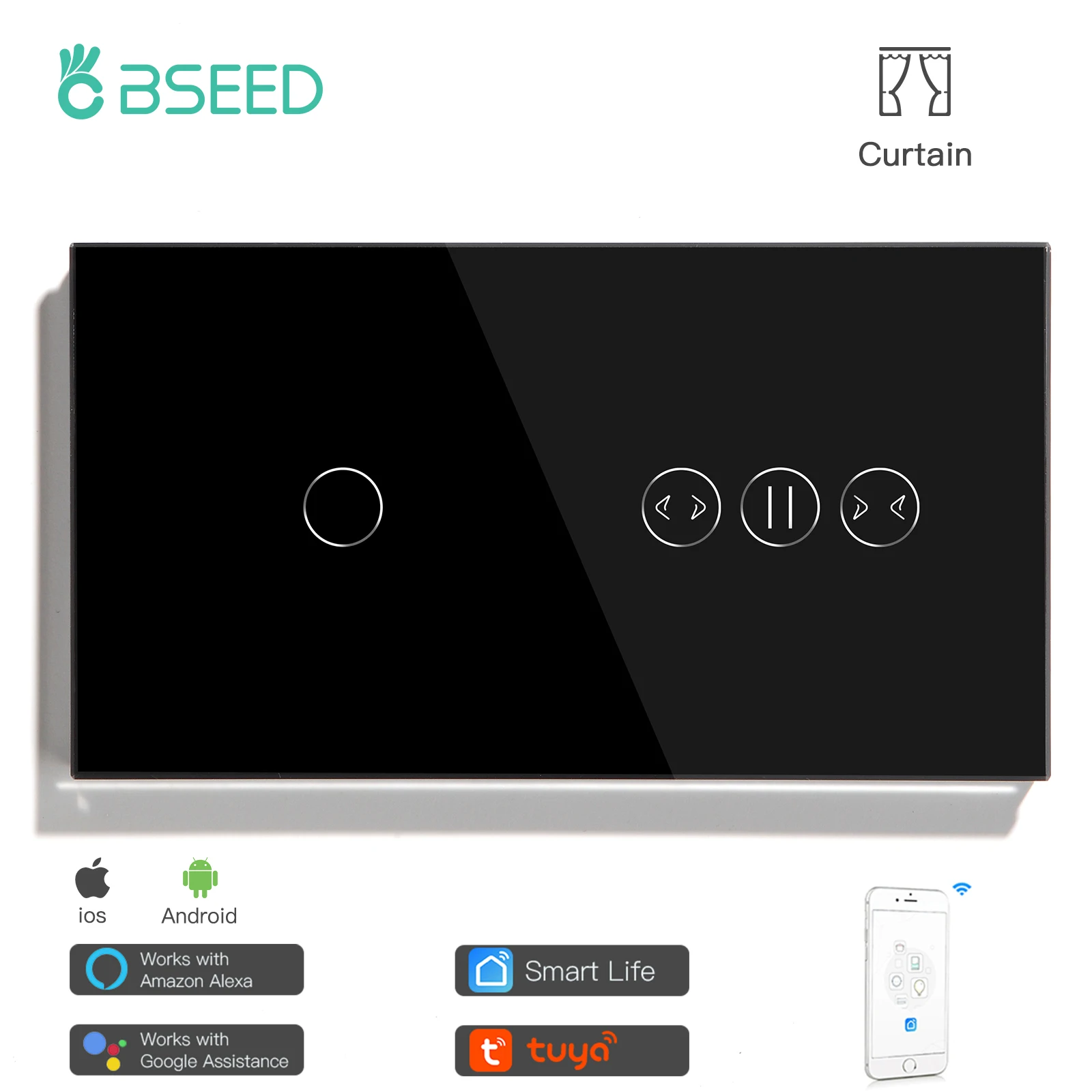 BSEED Switch 1 Gang Wifi Curtain Switch APP Control Wifi Combination Smart Switch Support For Tuya Google Assistant App For Home