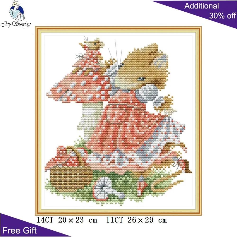 Joy Sunday A Mouse Picking Mushrooms Cross Stitch DA303 14CT 11CT Counted and Stamped Home Decor Mouse Mushroom Cross Stitch kit