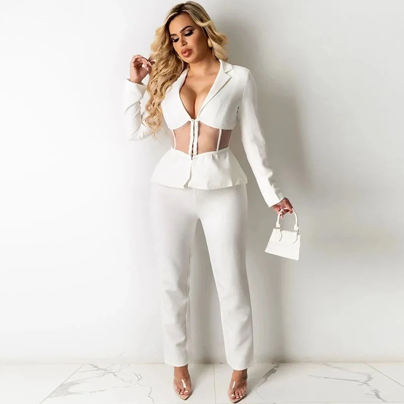 Office Lady White Two Piece Set Women Elegant Mesh Sheer Corset Blazer Coat Pencil Pants Business Suit Work Wear Matching Sets