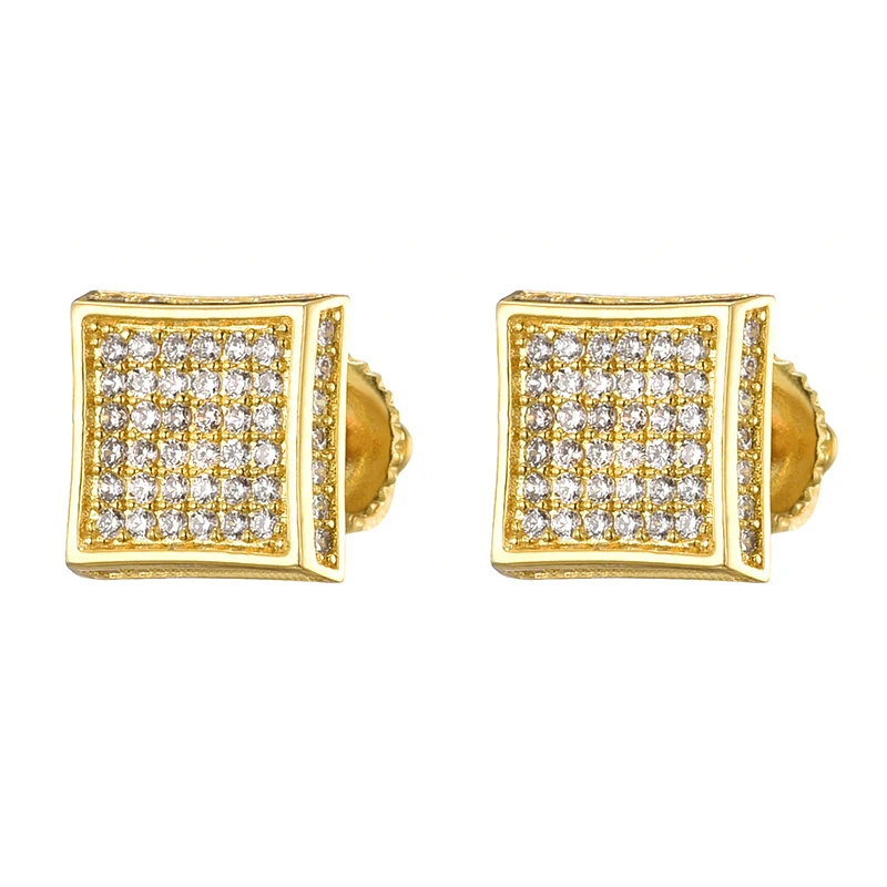 D&Z Square Iced Out Stud Earring For Men Male Ice Studded Zircon Gold Color Piercing Ear Accessories Hiphop Trend Jewelry