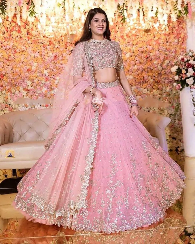 Customized Traditional Two Piece Pink Wedding Dresses with Wrap Lace Beaded applique muslim Indian Bridal Gowns vestido de noiva