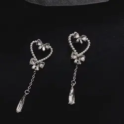 Vintage Imitation Pearl Love Bow Earrings for Teens Women 2021 Trend Korean Long Tassel Crystal Earrings Punk Metal Chain Earrin