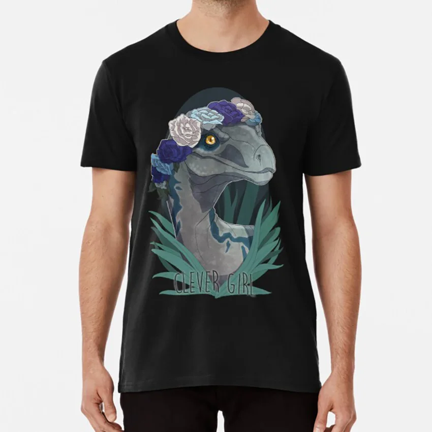 Clever Girl - Blue T Shirt Dinosaur Velociraptor Raptor Fanart Flower Crown