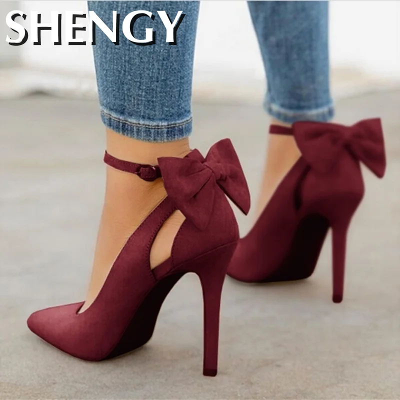 SHY Bow Pumps Women High Heels Pointed Toe Stiletto Pumps Sexy Party Woman Black Wedding Shoes Zapatos Mujer Dropshipping