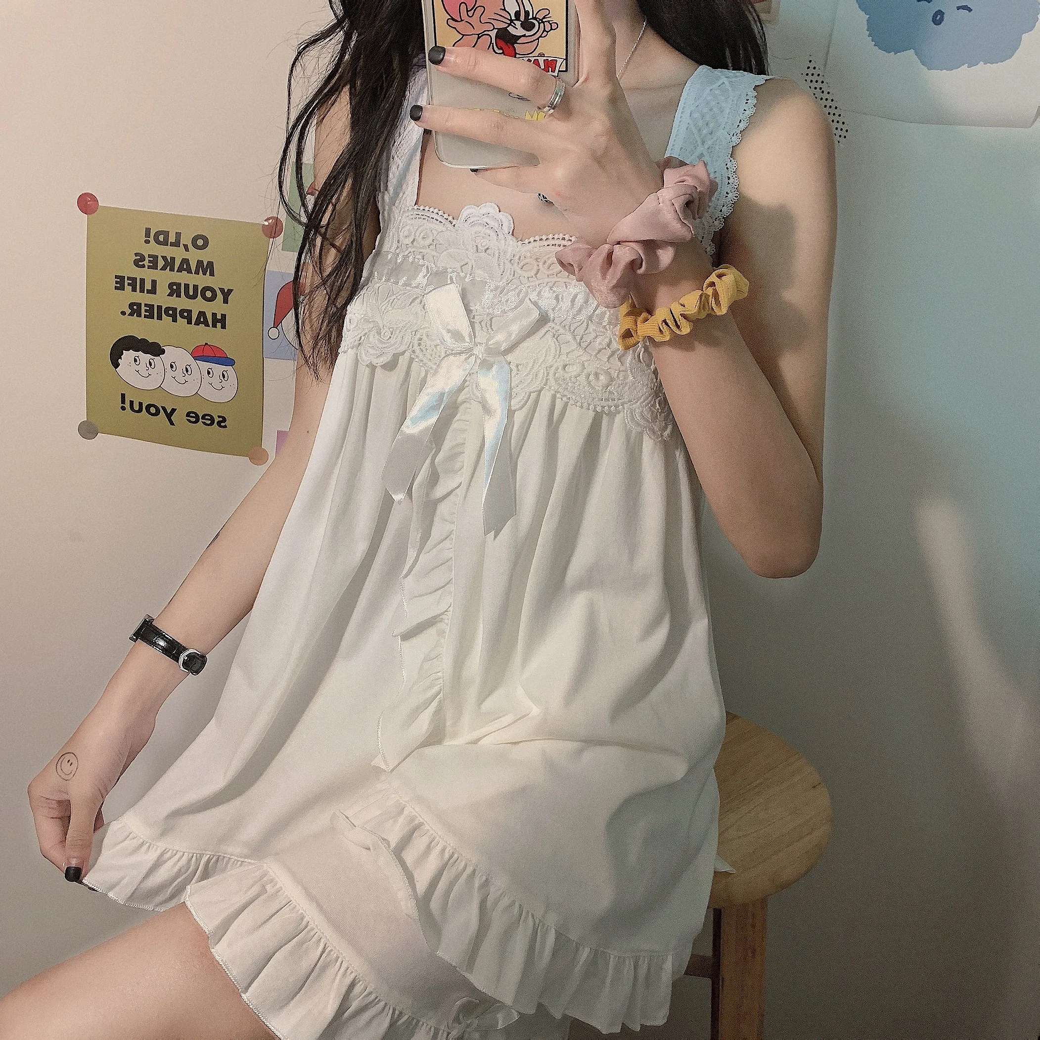 Pyjama d'été à bretelles et nœud pour femme, vêtement de maison, tenue lolita, robe kawaii, Style japonais, adorable, feuille de Lotus, nouveauté 2021